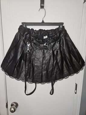 Black Faux Leather Pleated Mini Skirt with Lace Trim